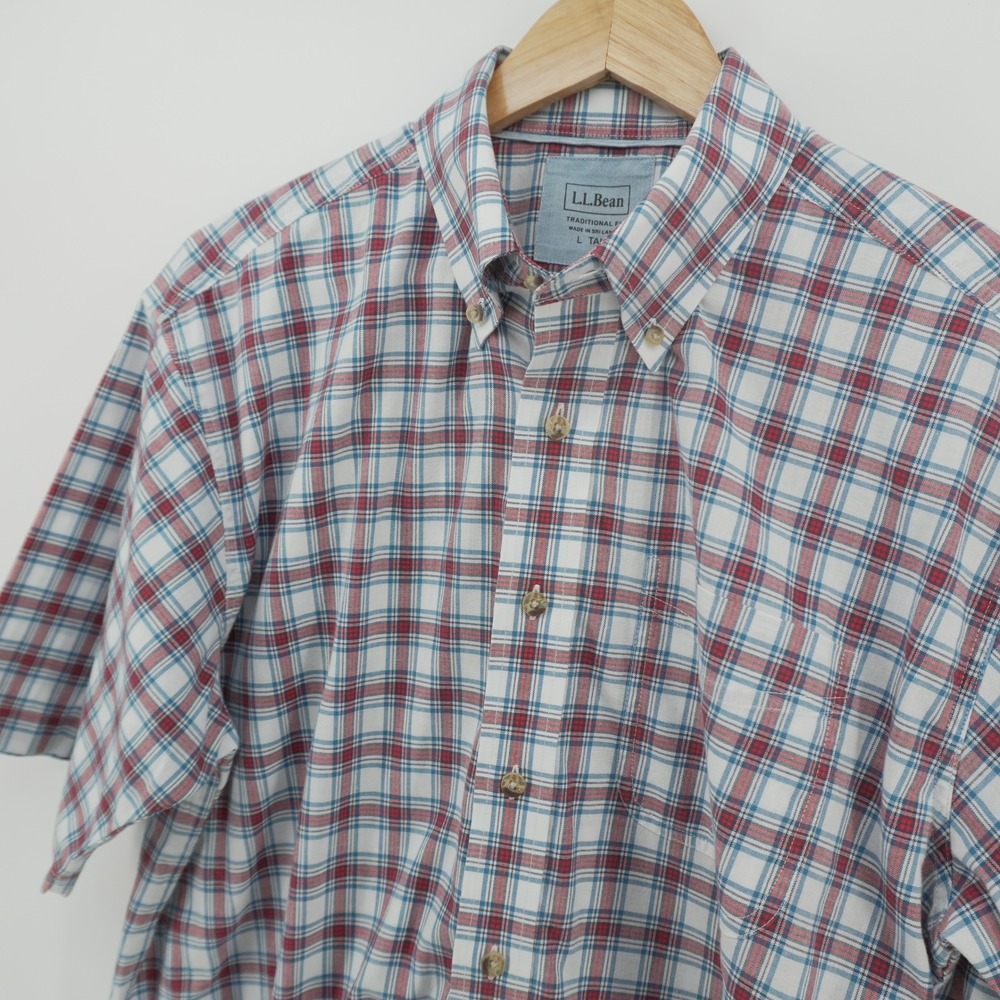 LL Bean Button Down Shirt Mens L Tall Red White Blue Plaid Short Sleeve Cotton